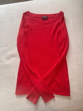 Express Red Ribbed Crewneck Long Sleeve Top